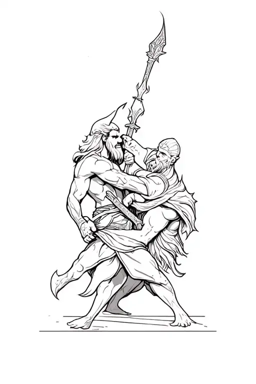 Scandinavian style tattoo, with characters of Warcraft Odin and Torin fighting Yoga Saron tattoo design idea