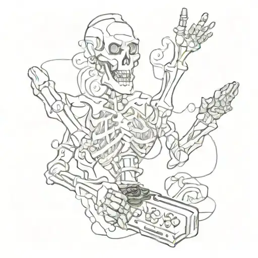 skeleton giving an alive hand a PS controller tattoo design idea