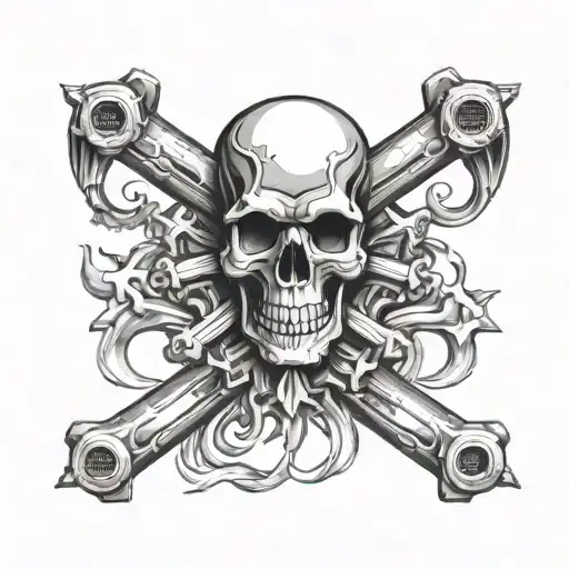 Skull and Cross Bones made of wrenches and diesel engine tattoo design idea
