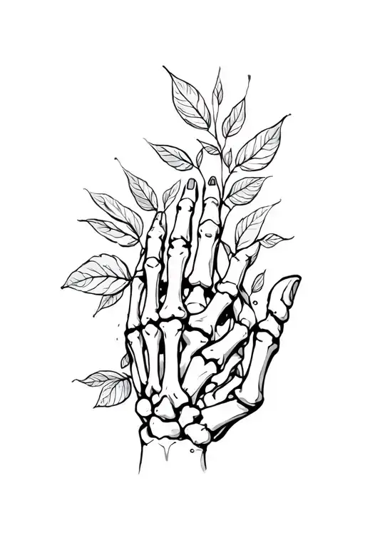 skeleton hand holding leaves growing tattoo design idea