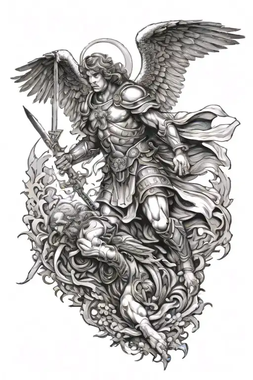saint michael archangel having a fallen angel kneeling before him in an apocalyptic battle scene tattoo design idea