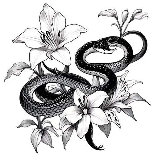 nagini snake intertwined with orchids, cyclamens and lilies tattoo design idea
