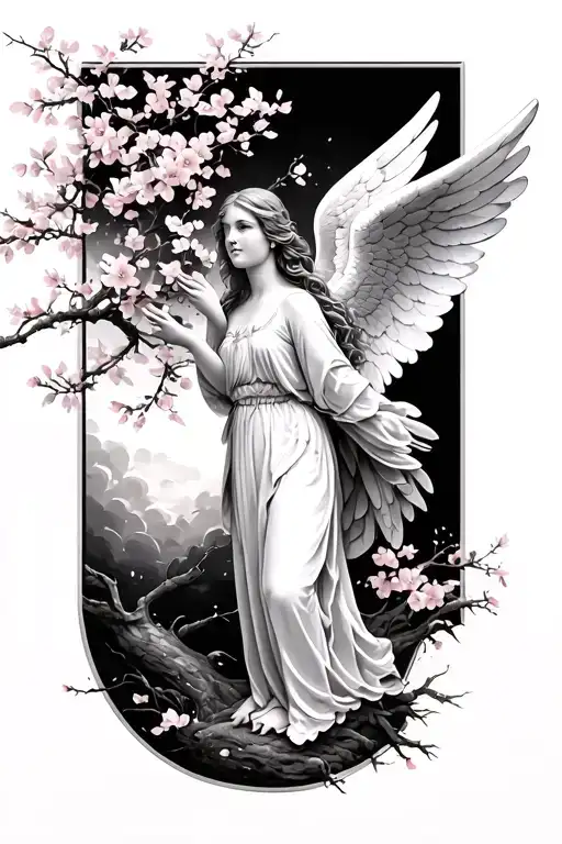 tree, cherry blossom, angel  tattoo design idea