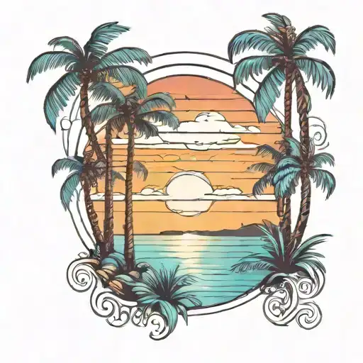 coastline teal and orange sunset ocean palm trees  tattoo design idea
