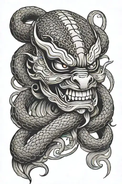 hanya Japanese mask with snake wrapped together tattoo design idea