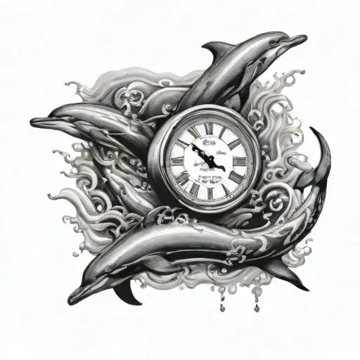 clock 9:11 with dolphins diving in water  tattoo design idea