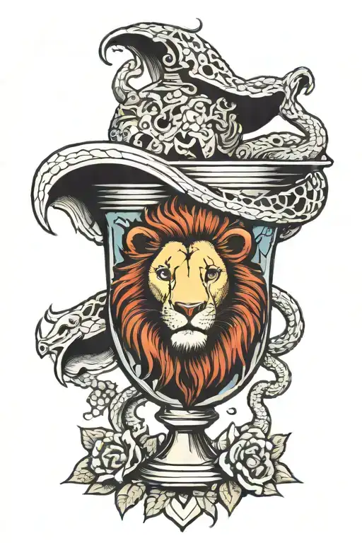 a lion crushing a snake next to a lamb bleeding into a chalice tattoo design idea