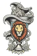 a lion crushing a snake next to a lamb bleeding into a chalice tattoo design idea