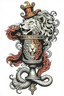 a lion crushing a snake next to a lamb bleeding into a chalice tattoo design idea