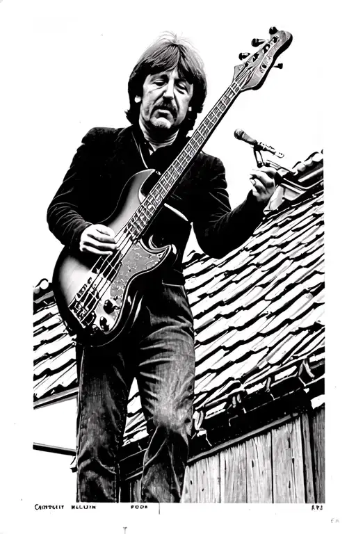 1969 bearded Paul McCartney playing his bass on the roof tattoo design idea