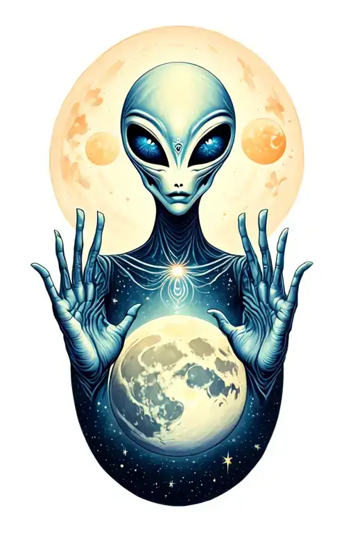 an enlightened alien with slender fingers and a third eye crossing the moon in space tattoo design idea