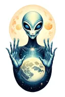 an enlightened alien with slender fingers and a third eye crossing the moon in space tattoo design idea