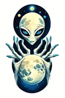 an enlightened alien with slender fingers and a third eye crossing the moon in space tattoo design idea