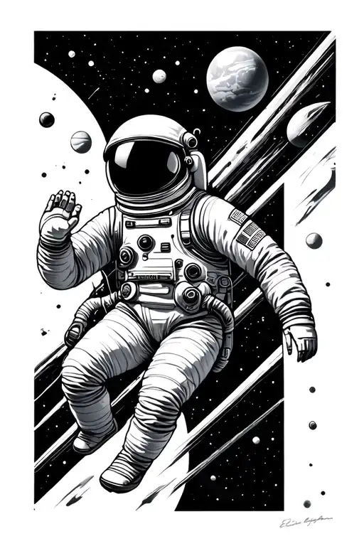 space and astronaut floating in space tattoo design idea