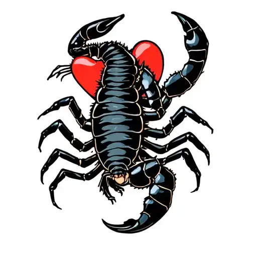 A black Scorpion  with long tale...Hugging a beautiful heart with his tail tattoo design idea