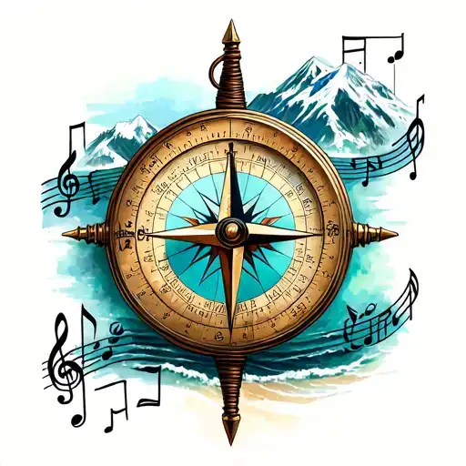 mountain and ocean traveller compass surrounded my music notes tattoo design idea