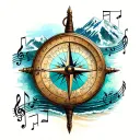 mountain and ocean traveller compass surrounded my music notes tattoo design idea