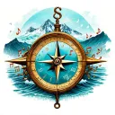 mountain and ocean traveller compass surrounded my music notes tattoo design idea