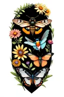 rusty patch bumblebee, hummingbird moth, swallowtail butterfly, brown bat, click beetle, & blue bird over wildflowers  tattoo design idea