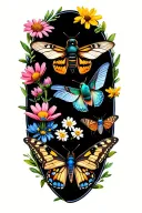 rusty patch bumblebee, hummingbird moth, swallowtail butterfly, brown bat, click beetle, & blue bird over wildflowers  tattoo design idea