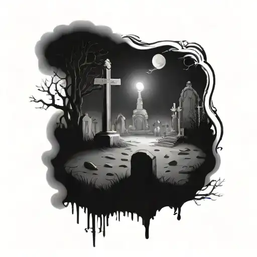 Creepy and Eerie graveyard scene tattoo design idea