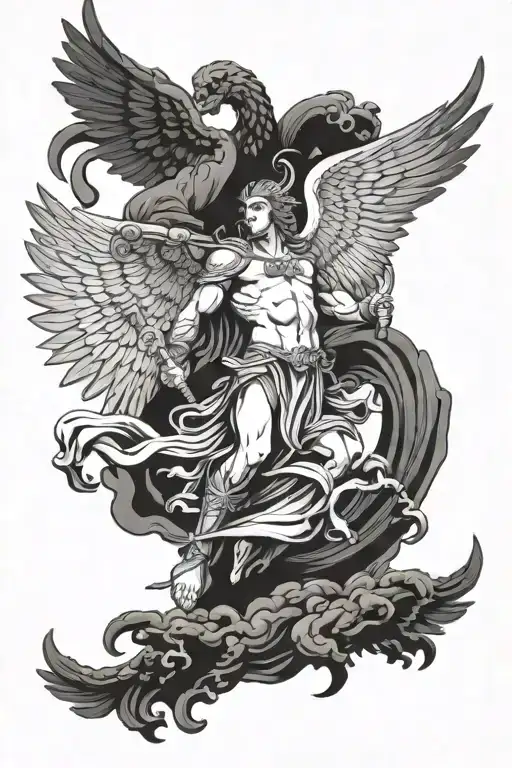 st micheal slaying the devil spread wings tattoo design idea