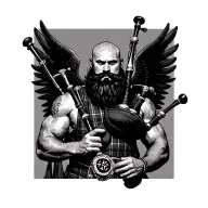 scottish bagpiper bald black beard muscular wearing glengarry pipes in arm big black wings tattoo design idea