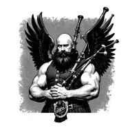 scottish bagpiper bald black beard muscular wearing glengarry pipes in arm big black wings tattoo design idea