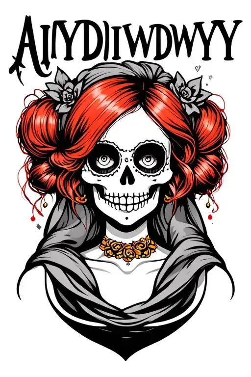 "AIYDIWDWY" sugar skull with red hair wearing a head scarf in a bun tattoo design idea