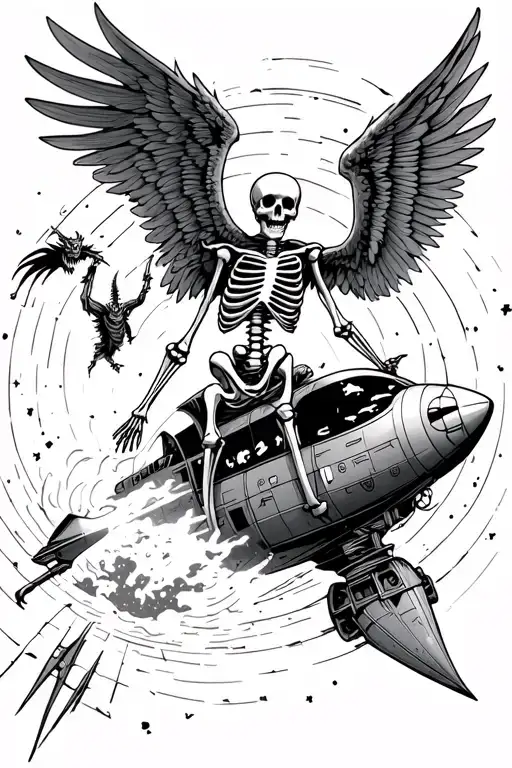 Skeleton hanging on for life to a rocket ship through a solar storm with winged demons attacking him tattoo design idea