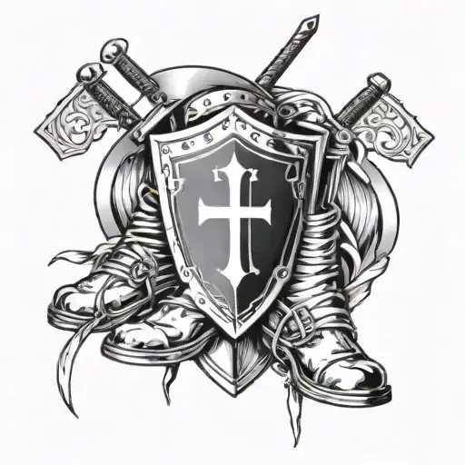 shield with cross helmet, boots, belt, sword, representing the armor of God add cursive font above with "Ephesians 13-17 tattoo design idea