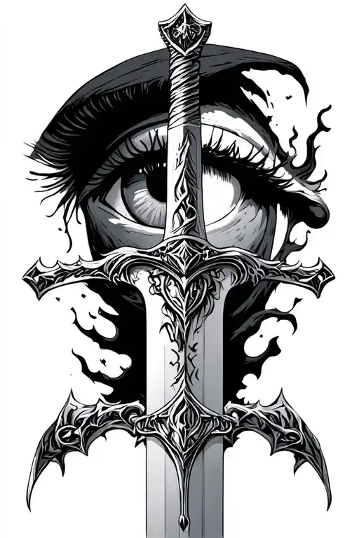 Narsil sword surrounded by some dark themes like saurons hand or eye of sauron . kinda in goth style tattoo design idea