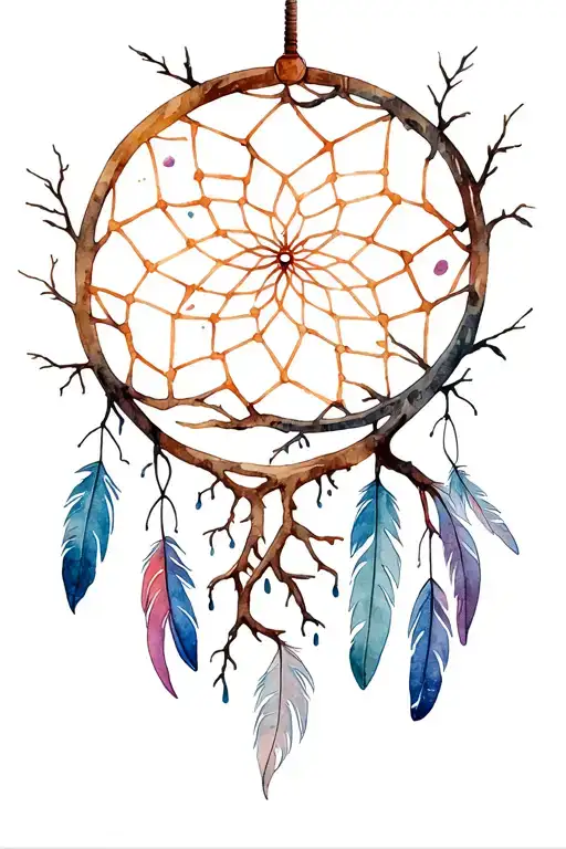  bare tree with roots into a dream catcher with feathers falling tattoo design idea