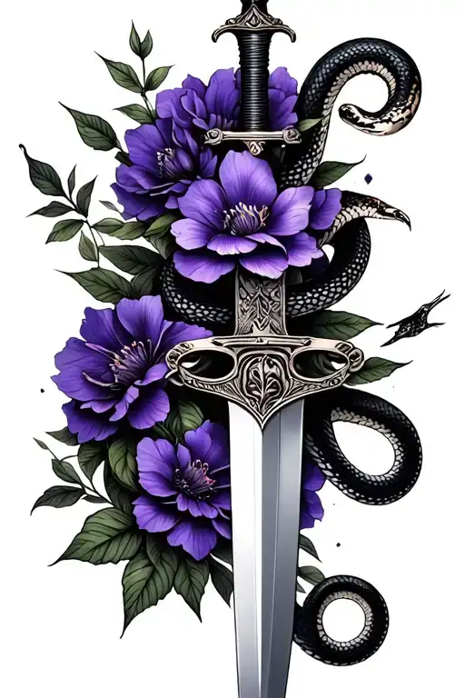 Sword with snake and purple flowers tattoo design idea