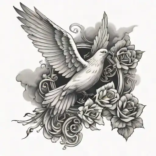 dove flying towards heaven gates with clouds and flowers tattoo design idea