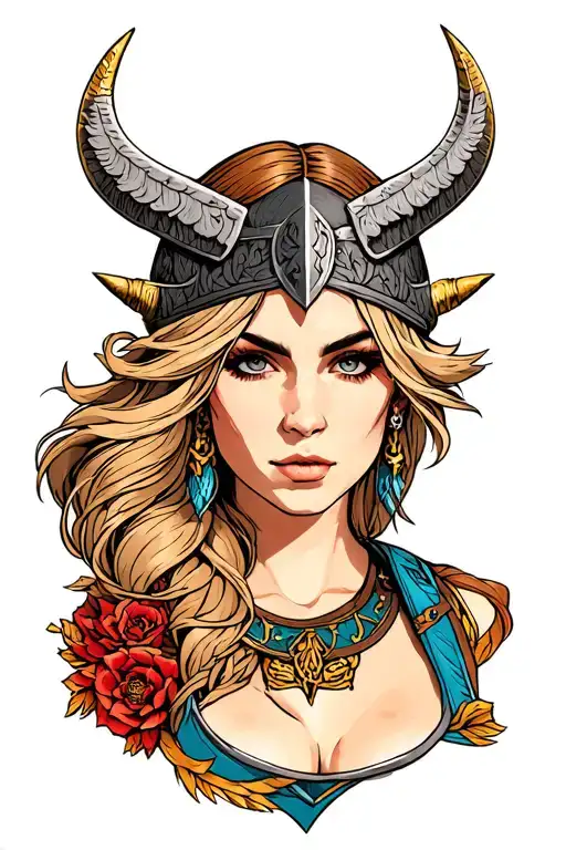 A whole body sexy Viking Valkyrie traditionally coloured tattoo busty head to toe. perfect proportions tattoo design idea