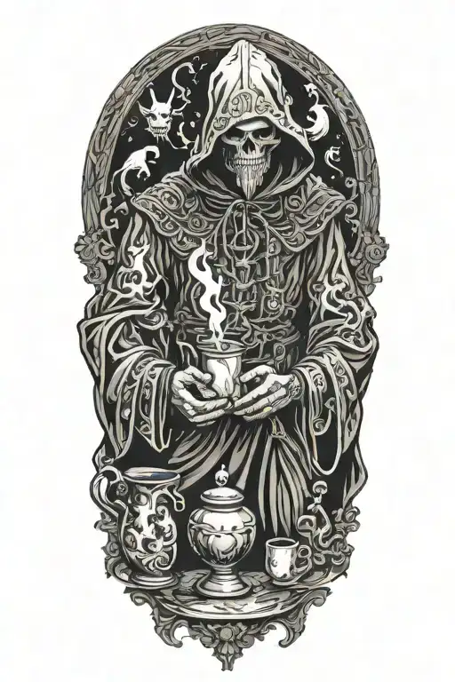 Hodded alchemist performing ritual, tarot cards, cups, beakers, candles tattoo design idea