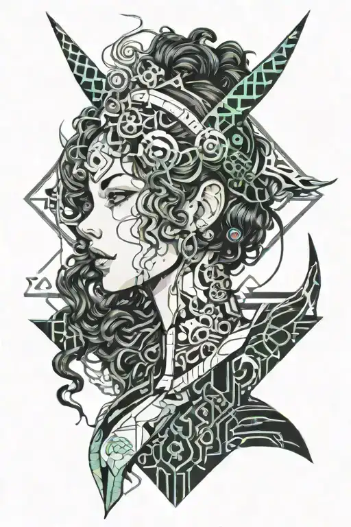 Anime girl with devil horns, curly hair, tongue sticking out, smiling tattoo design idea