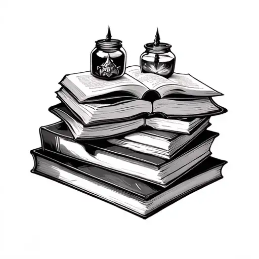 old style book stack with open book on top with some witchy jars stood ontop of the books tattoo design idea