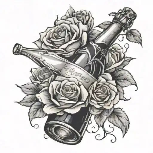 champagne bottle with roses  tattoo design idea