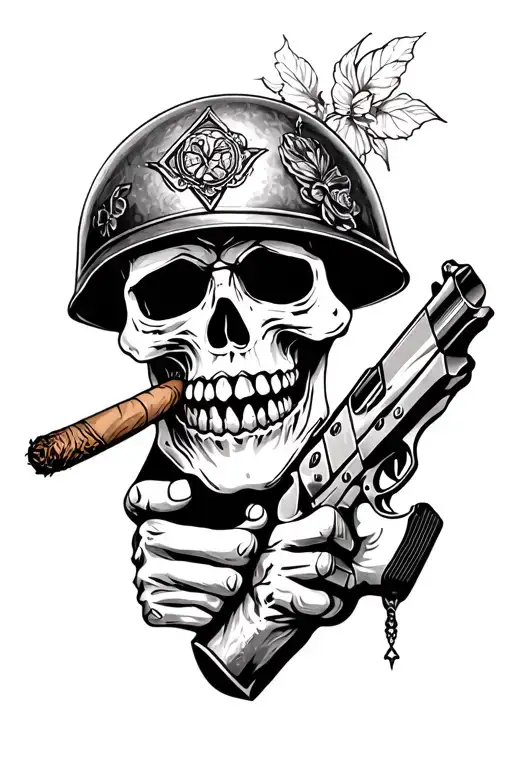 skull with helmet and cigar holding a pistol tattoo design idea