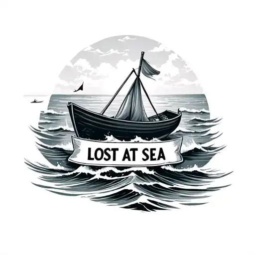 small rowing boat surrounded by crashing waves lost at sea with a banner that says lost at sea tattoo design idea