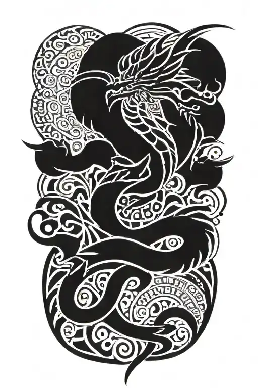 dragon and Polynesian tiki warrior tattoo design idea