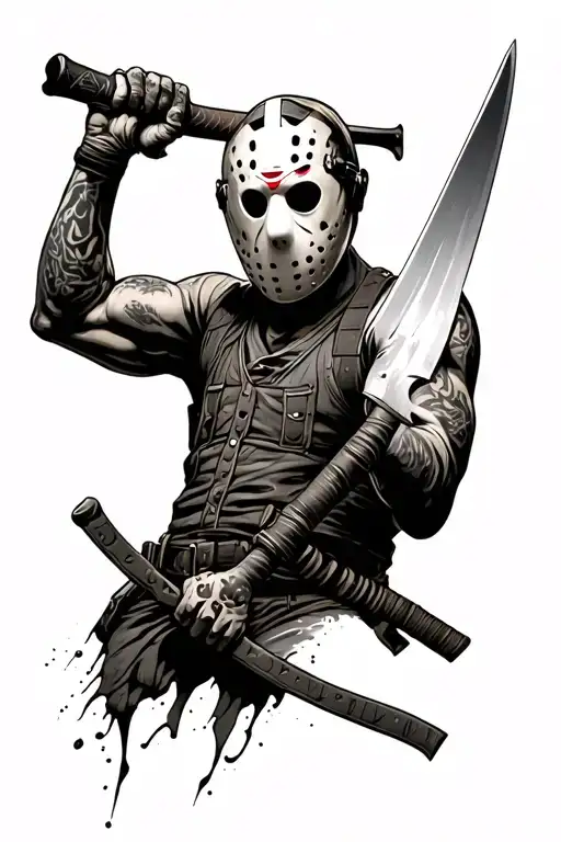 jason voorhees swinging his good well detailed machete tattoo design idea