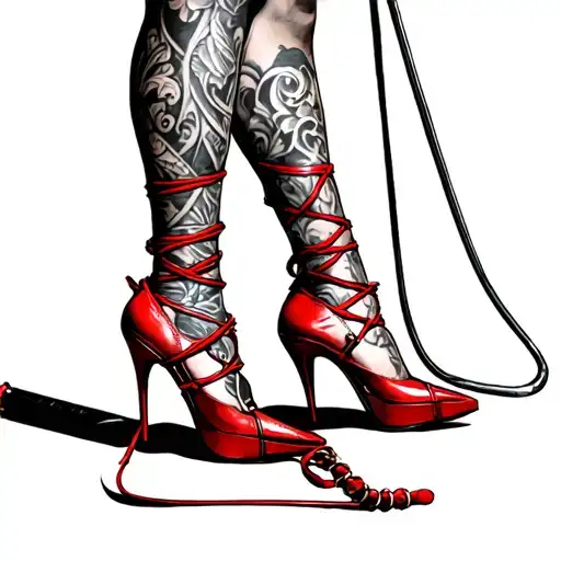 red high heels with legs in Shibari bondage thigh high with a riding crop at her feet  tattoo design idea