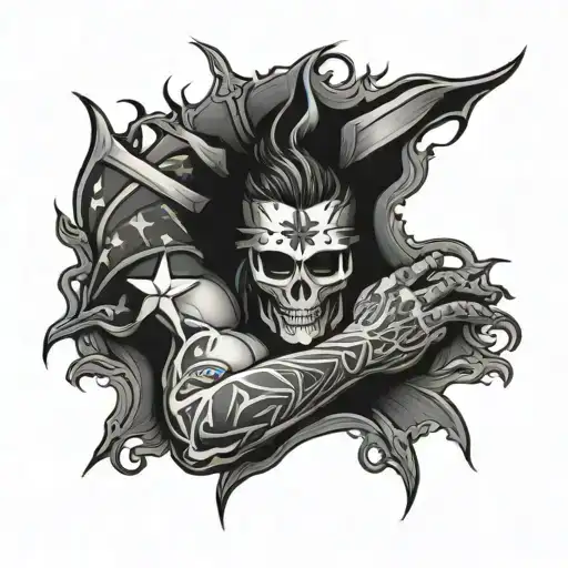 A full arm sleeve. With a small christ cross, american flag, The text on the lower arm: Dolce far niente. And flames . A tattoo design idea