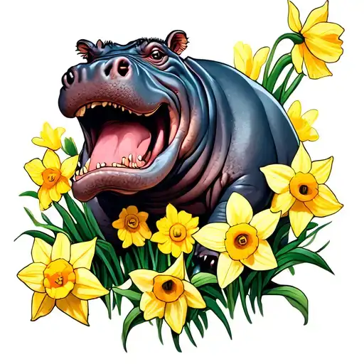 hippo surrounded by daffodils growing tattoo design idea