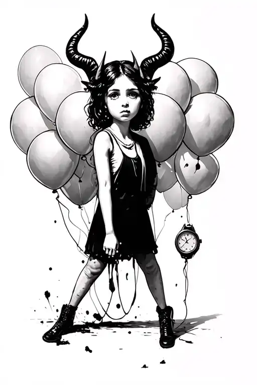 banksy balloon girl, cloudy background,  poket watch, devil on shoulder tattoo design idea