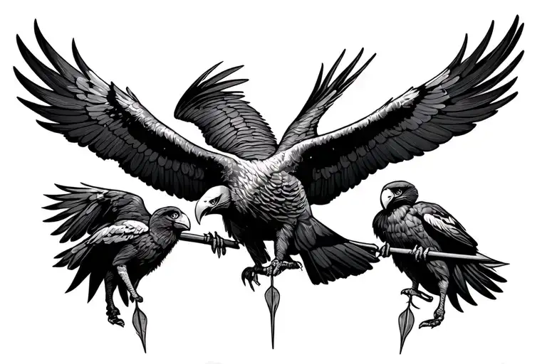 andean condor protecting its 2 babies from arrows that peirce the condors body or wings tattoo design idea