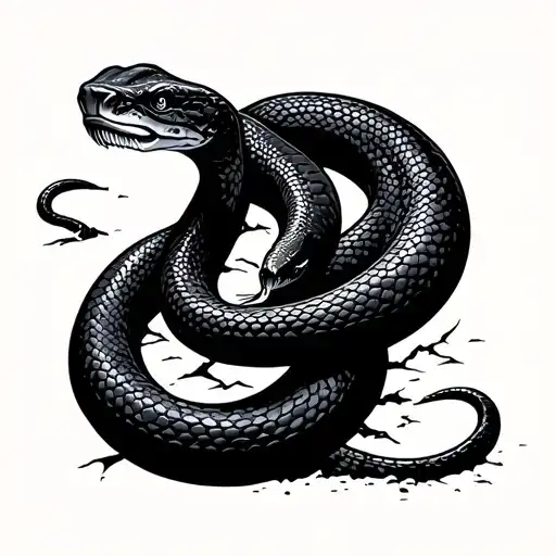 A stylized and powerful Black Mamba snake is screwed in a spiral around a cracked sand watch. tattoo design idea
